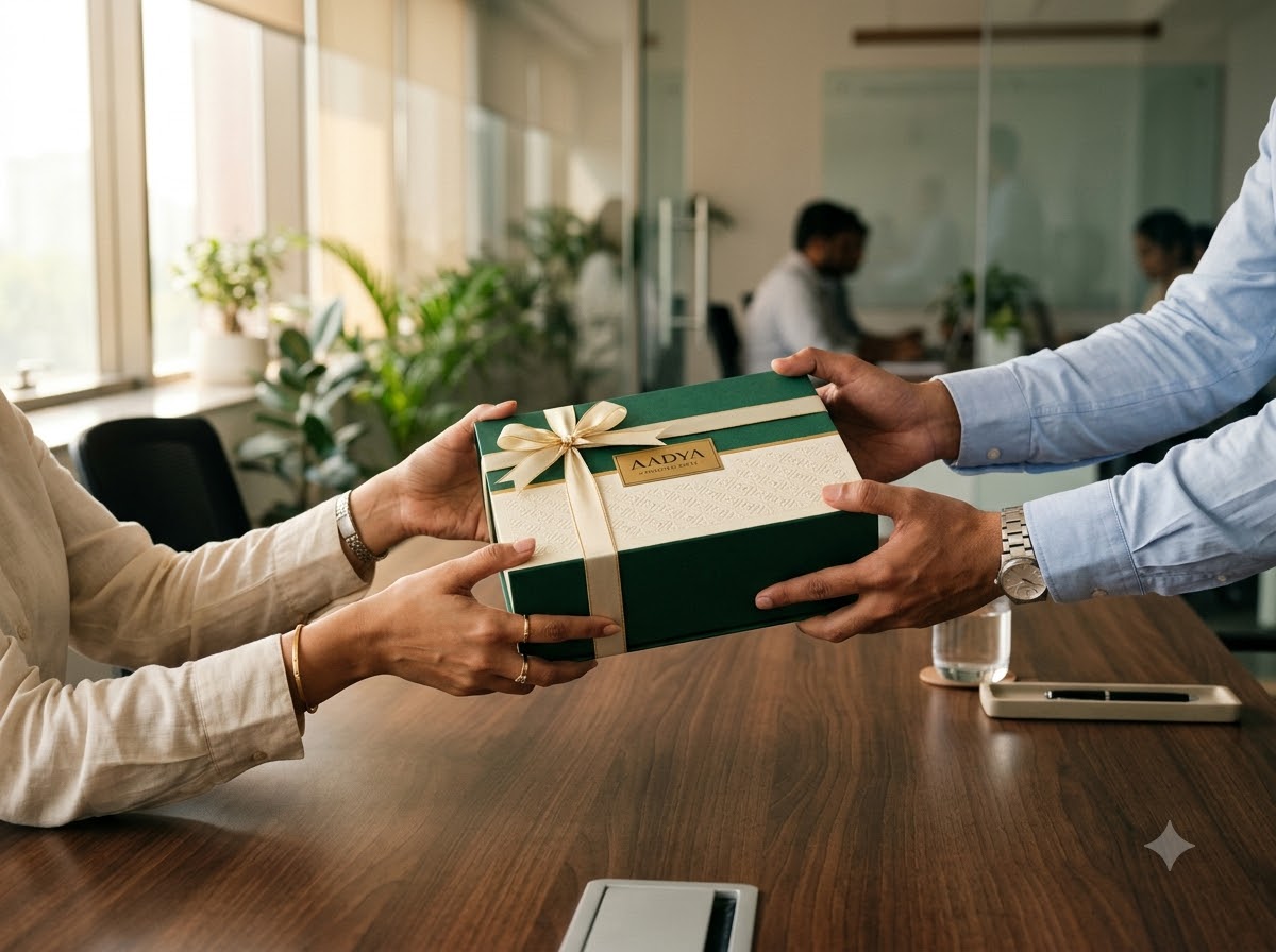 A Raipur office team lead handing gift boxes across desks