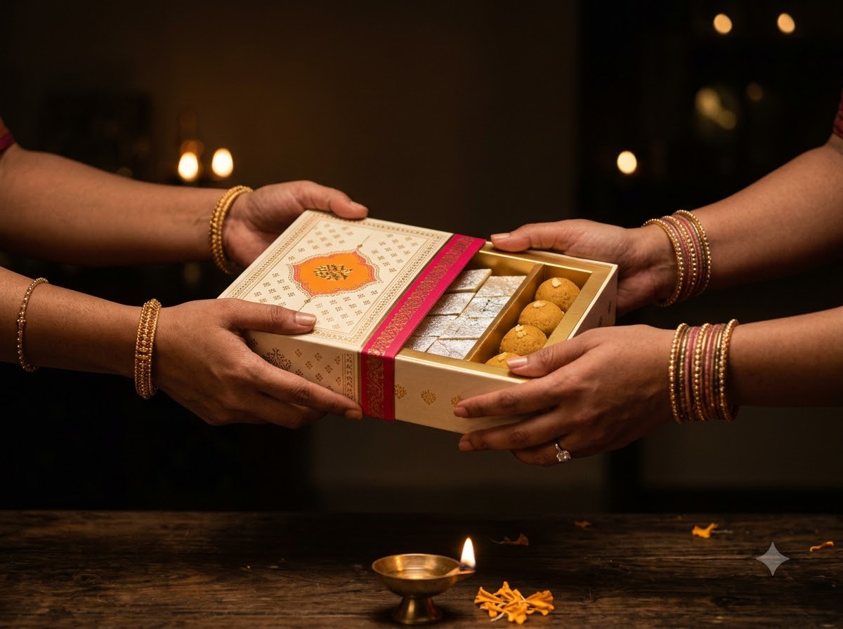 Diwali evening in a Raipur home, a family exchanging boxes by diya light