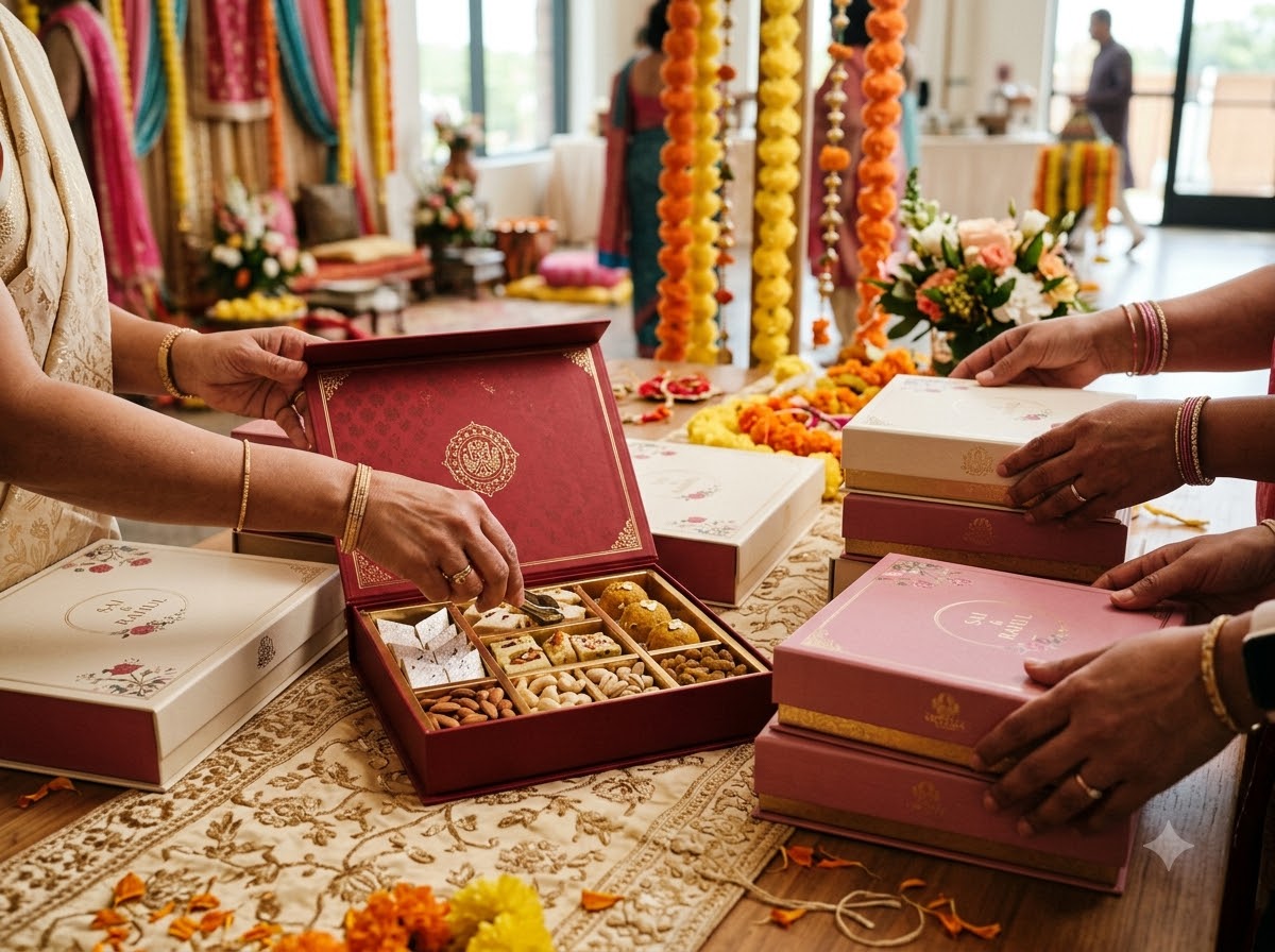 Modern Indian wedding, a stack of coordinated gift boxes on a haldi-yellow cloth